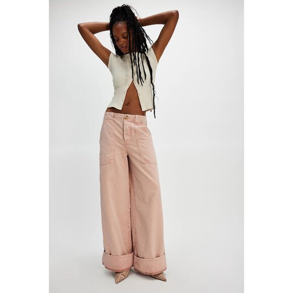 Free People Long Game Chino Pants Pale Mauve Pink Wide Leg Flare Size 4